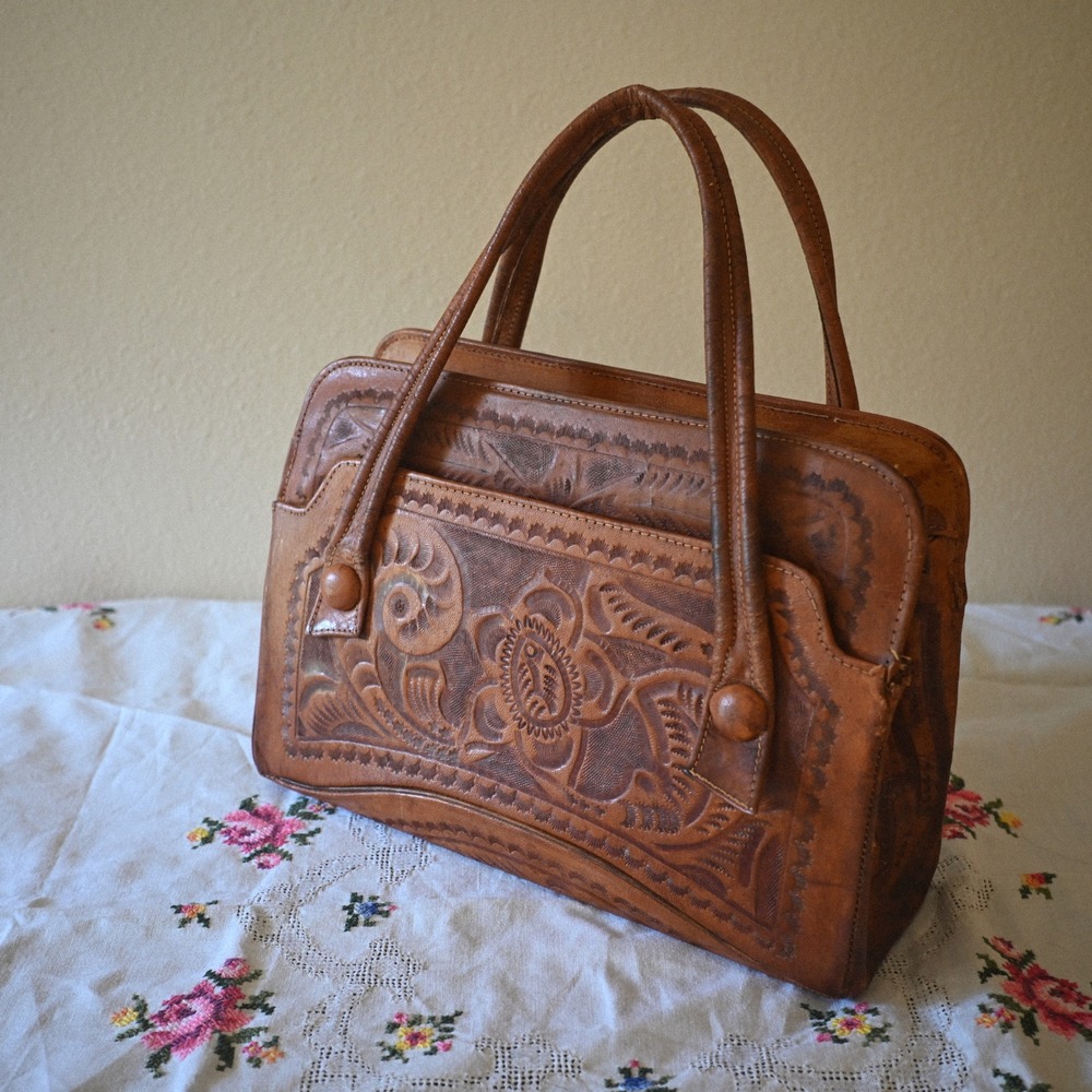 Vintage Azteca Mexican Hand Tooled Leather Top Handle Bag Brown Floral